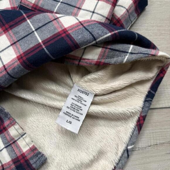 Jachs Girlfriend Sherpa Lined Flannel Shirt Overshirt Plaid Red Navy White Sz L - Picture 3 of 10